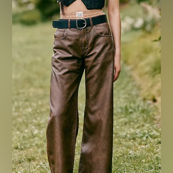 FREE PEOPLE WE THE FREE MISHA VEGAN PANTS FAUX LEATHER SIZE 30 IN BROWN - Picture 3 of 16